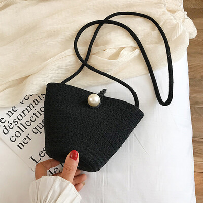 

Tailored Women Retro Pearl Hand-Woven Straw Bag Summer Travel Bucket Bag Shoulder Bags