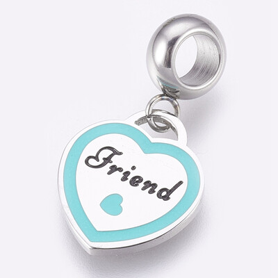 

304 Stainless Steel European Dangle Beads Large Hole Pendants with Enamel Heart with Friend Cyan Stainless Steel Color 25mm