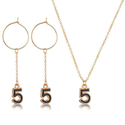 

Women New Fashion Wedding Earring&Necklace Sets Number 5 Pendant Necklace Female Trendy Jewelry Personality Earrings Necklace