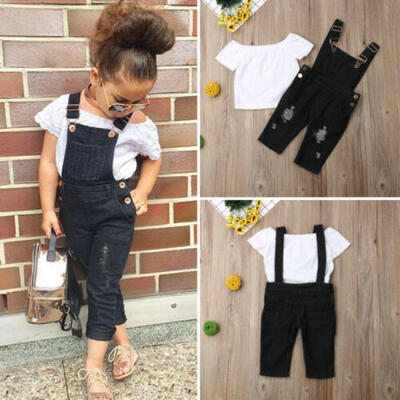 

2pcs Newborn Toddler Baby Girl Summer Clothes T-shirt TopDenim Bib Pants Outfit