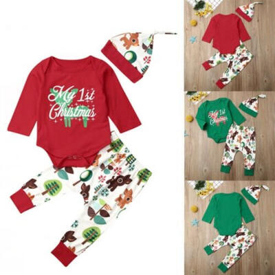 

Infant Kids Baby Boy Girl Christmas Romper Pants Hat Cotton Outfit Clothes 3PCS