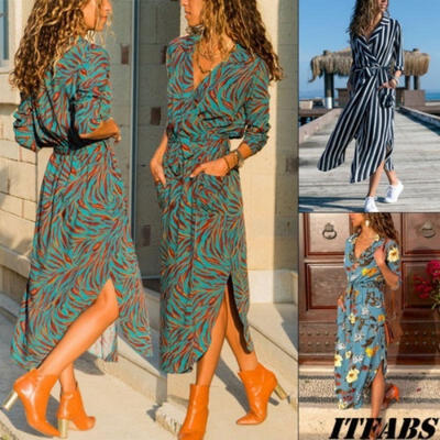 

Women Casual Long Sleeve Maxi Dress Lady V Neck Split Loose Blouse Tunic Dresses