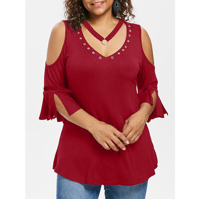 

Roseonmyhand Plus Size Fashion Women Solid T-shirt Short Sleeve Vest V-Neck Rivet Blouse