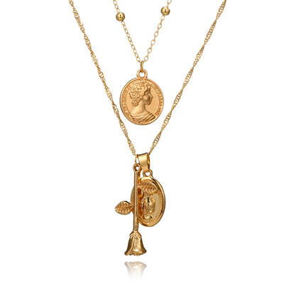 

2018 New Pattern Ornaments Geometry Rose Circle Piece Face Pendant Necklace Fashion Multi-storey Clavicle Chain