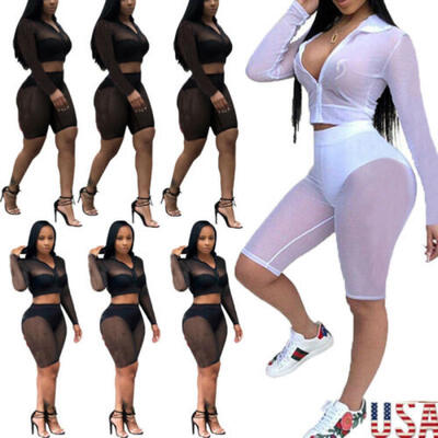 

Sexy Women 2 Piece Hollow Mesh Crop Top Shorts Set Jumpsuit Romper Long Sleeve