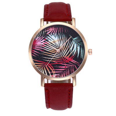 

New Fashion Plants Pattern Women Watch PU Leather Analog Quartz Vogue Wrist Watch Ladies Casual Dress Watches Relogio saati &Ff
