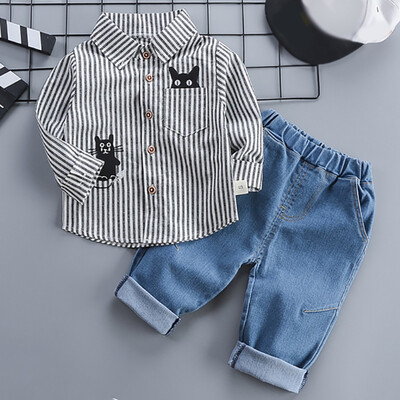 

Autumn Children Baby Boys Casual Long Sleeve Striped Cat Print Shirt Blouse TopsDenim Pants Trouser Set
