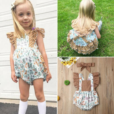 

AU Kid Baby Girl Animal Print Sleeveless Ruffle Romper BodysuitHeadband Clothes
