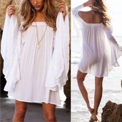

Fashion Women Boho Off Shoulder Mini Dress Summer Beach Cover Up Dress Sundress