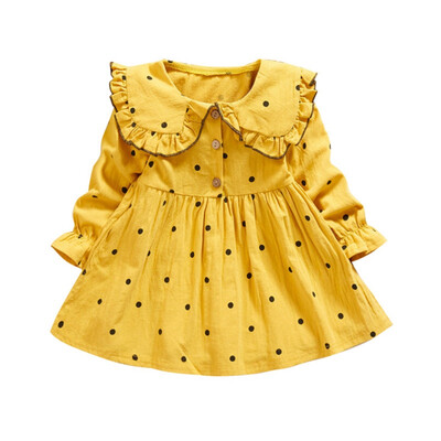 

Spring Autumn Baby Kids Girls Polka Dot Printed Long Sleeve Dress Kids Doll Collar Button Solid Color Cotton Comfortable Dresses