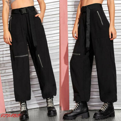 

Womens Army Cargo Trousers Retro Loose Sports Combat Wide Leg Long Pants Pockets