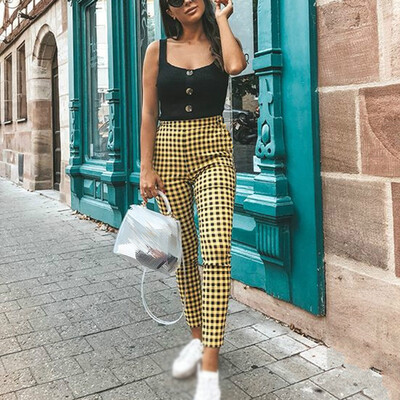 

Womens Plus Size Retro Plaid Bottom Pants Slim Casual Long High Waist Trousers