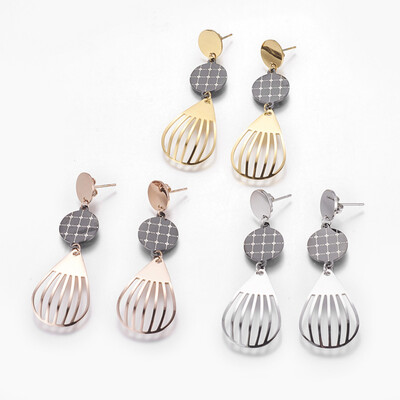 

304 Stainless Steel Dangle Stud Earrings Drop & Flat Round Mixed Color 48mm Pendant 468x182x36mm Pin 07mm