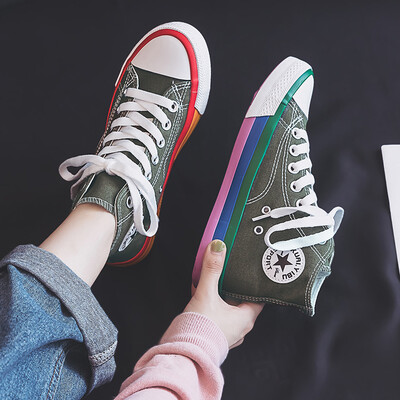 

The autumn 2019 new high canvas womens shoes Korean version of Joker Rainbow shoes autumn net red ultra-hot shoes tide shoes