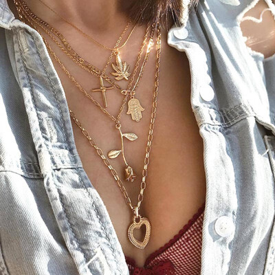 

Vintage Leaf Cross Heart Pyramid Ancient Egyptian Pharaoh Pendant Multilayer Gold Necklace Punk Lady Jewelry Women Necklace Set
