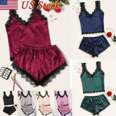 

2pcs Women Silk Satin Lace Robe VestShorts Sleepwear Babydoll Nightdress Pajama