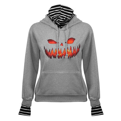 

Fashion Women Autumn Halloween Print Hooded Hoodie Fake Two Pieces Turtleneck Long Sleeve Drawstring Pocket Striped Splicing Pullo