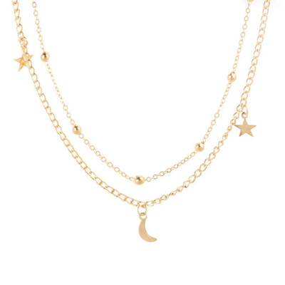 

Women 2 Layer Star Moon Choker Necklace Simple Gold Silver Color Multilayer Necklace For Women