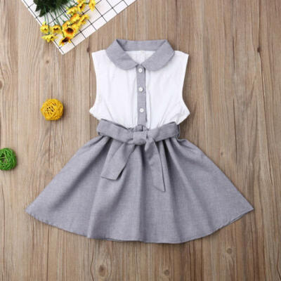 

Toddler Kids Baby Girl Clothes Splice Button Down Shirt Dress Formal Party Skirt