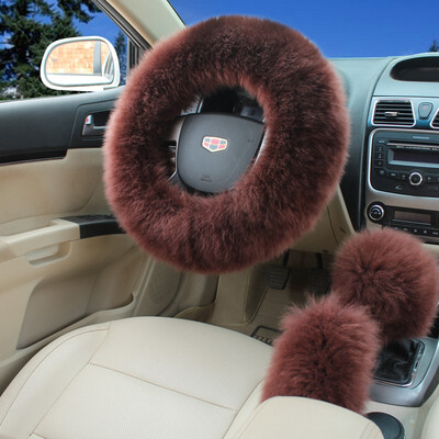 

Fashion 3Pcs Long Plush Fuzzy Steering Wheel Cover Light Camel Car Accessory