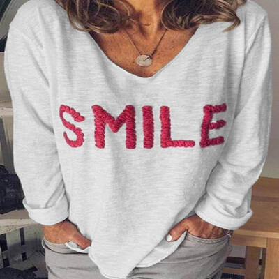 

Contrast Letters SMILE Embroidery V-neck Long Sleeves Tee