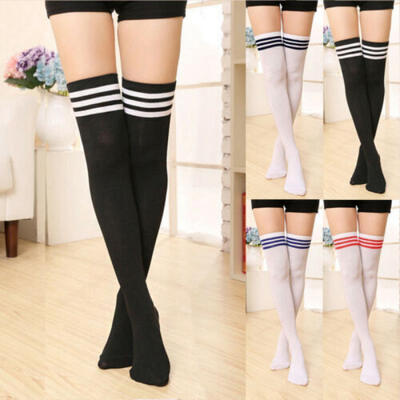 

Women Striped Thigh High Socks Sheer Over The Knee Plus Size Stockings Cotton US