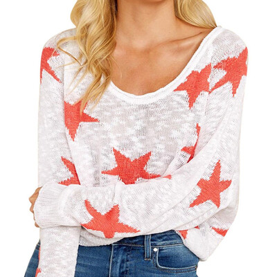 

New Fashion Women Tops Single Shoulder Thin Stars Printed Long-Sleeved Shirt Loose Pullover V-neck sweater