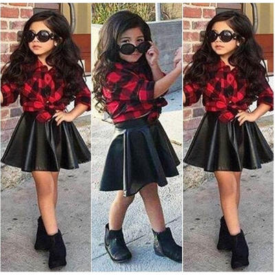 

Girls Kids Vogue Clothing Set Tops Plaid Shirt Black PU Skirt Outfits Clothes