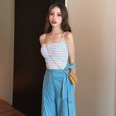 

Womens Summer Fashion Square Collar Striped Camisole Sleeveless Casual Crop Tops