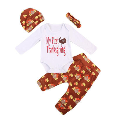 

Thanksgiving 4PCS Set Infant Baby Boy Girls Long Sleeve Romper Pants Hat Outfits Clothes 0-24M