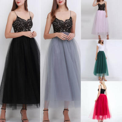 

New Women Retro Chiffon Pleated Double Layer Skirt Long Elastic Waist Maxi Dress