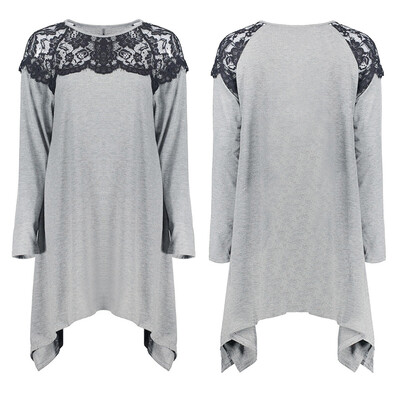 

Roseonmyhand Women Plus Size O-Neck Long Sleeve Lace Splicing Loose-Fitting T-Shirt Long Tee