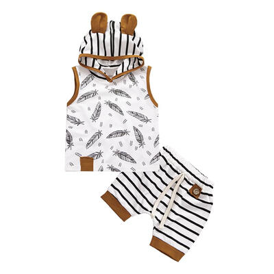 

2pcs Newborn Boys Sleeveless Hooded Print TopsStripe Pants Kids Outfit Set