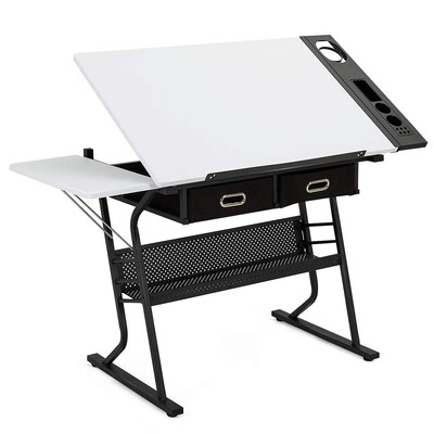 

Adjustable Drafting Table Drawing Desk w Drop Leaf & Drawers