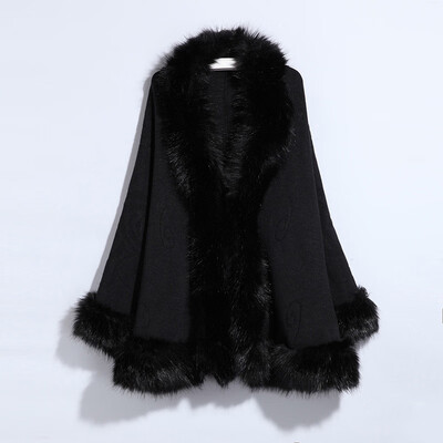 

New Plus Size Women Knit Jacket Faux Fox Fur Collar Shawl Cloak Cape Coat