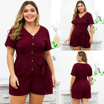 

Starmoon Womens Plus Size V-neck Short-Sleeved Belt Button Wide-Leg Shorts Jumpsuit