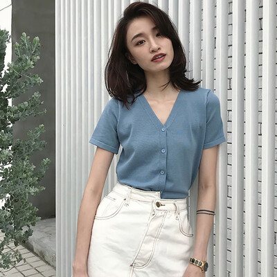 

Summer Knitted Cardigan Tee Top Womens T Shirt Solid Color Short Sleeve V-Neck T-Shirts Sun Protection Single Breasted T-Shirt