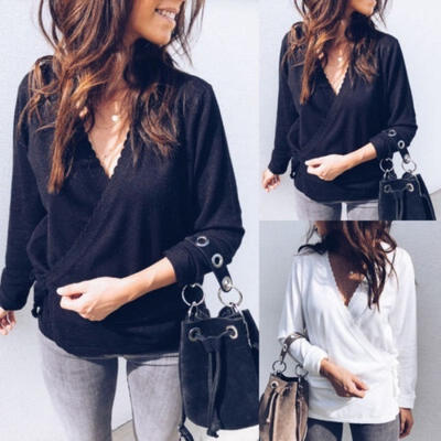 

Women Ladies OL Career Business Lapel V Neck Long Sleeve Solid Shirt Blouse Tops