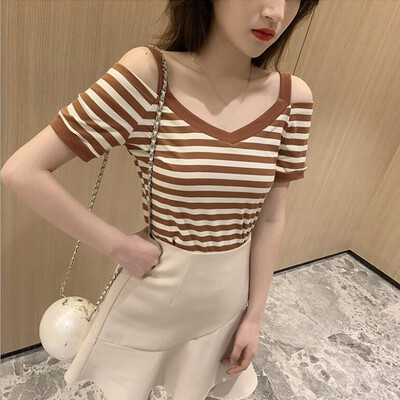 

Womens Stripes Print Tops Casual Slim Cold Shoulder V Neck Party T-shirt Blouse
