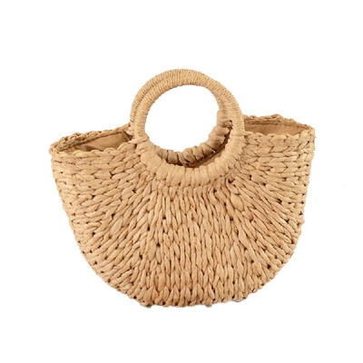 

Summer Handmade Bags Women Pompon Beach Weaving Ladies Straw Bag Wrapped Beach Bag Moon Shaped Bag Drawstring Handbag