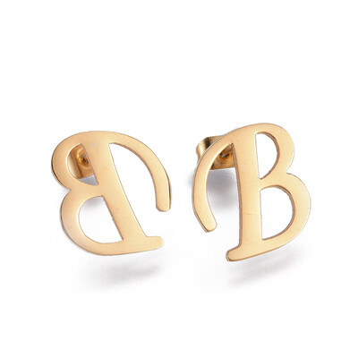 

304 Stainless Steel Stud Earrings Alphabet LetterB 13x12x1mm Pin 07mm