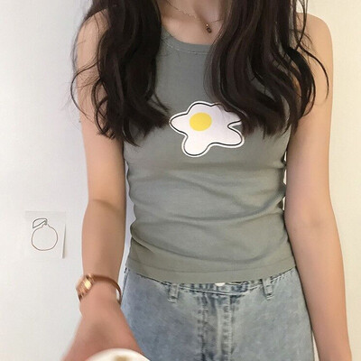 

Womens Fashion Casual Vest Sleeveless O-Neck Poached Egg Print Knitted Tank Top T Shirt Tops