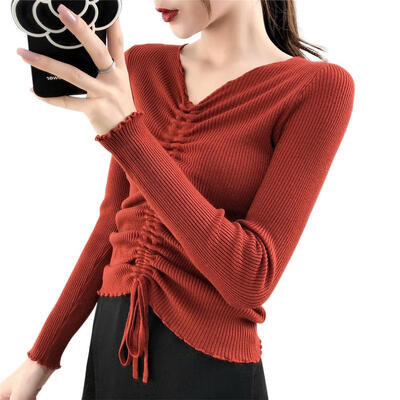 

Solid Color Drawstring V-neck Knitted Jumper Women Long Sleeve Slim Tops
