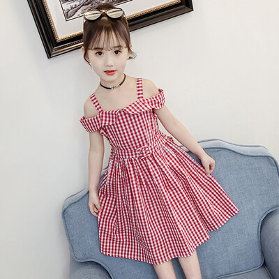 

Kids Teen Children Girl Off Shoulder Strap Plaid Print Dress Belt Casual Dresses