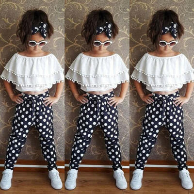 

US Summer Kid Baby Girl Chiffon Off-shoulder TopTrousers PantsHeadband Outfit