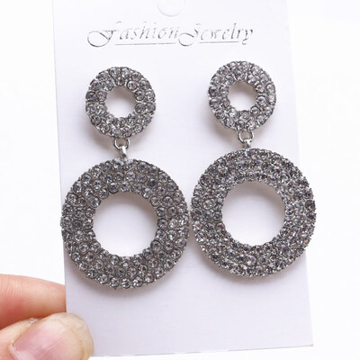 

EK154 European Brand Rhinestone Earring Fashion Big Round Bling Brincos Double Circle Hoop Earrings Elegant Women Party Jewelry