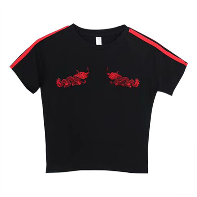 

Fashion Slim Waist T-Shirt Women Cropped Dragon Embroidery Striped Cotton T-Shirt Summer O-Neck Tee Shirt