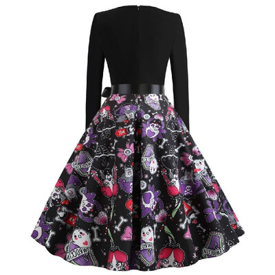 

Y4073 Cross-border Halloween womens autumn&winter round neck long-sleeved ghost spider print with black ribbon big swing skir