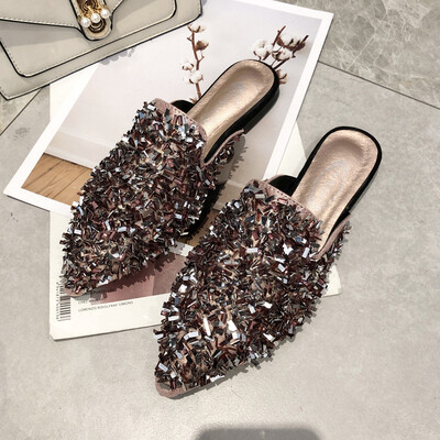 

Slippers for women wearing spring Korean version of Baitao diamond sequins semi-slippers Baotou Muller Shoe Tide