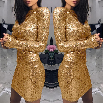 

〖Follure〗Womens Fashion Party Dress Sequin Slim Fit Evening Dress Solid Color Bodycon Mini Dress